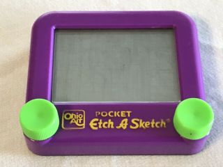 Pocket Etch A Sketch Drawing Toy Ohio Art Plastic Mini Purple Green Knobs
