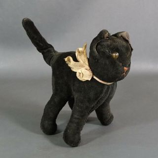 Antique German Cloth Stuffed Black Halloween Cat Tomcat Toy Plush Glass Eyes
