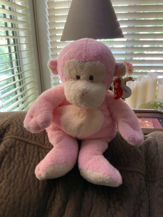 Ty Pluffies Pink Dangles Monkey Beanie Baby 2007 Sewn Eyes Plush 10 " Lovey