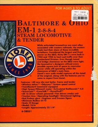 Lionel 6 - 28051 Baltimore & Ohio EM - 1 2 - 8 - 8 - 4 SteamLoco & Tender - O Scale 3 - rail 4