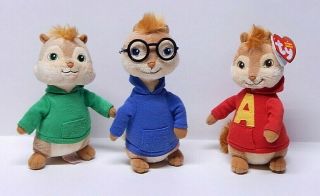 Alvin And The Chipmunks Ty Beanie Babies Complete Set Of (3) Plush