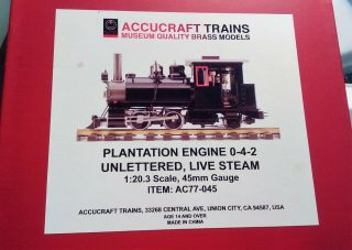 Accucraft / 1:20.  3 Scale Unlettered (0 - 4 - 2) Plantation Locomotive (live Steam)
