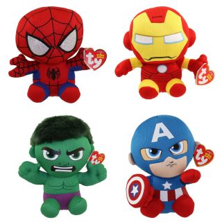 Set Of 4 Ty Beanie Baby 6 " Spider - Man Hulk Iron Man Captain America Marvel Plush