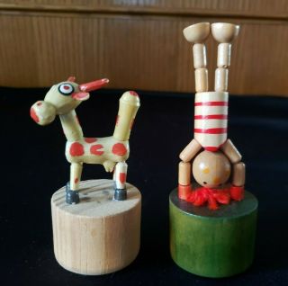 Classic Wooden Toy Push Bottom Puppet Figure And Long Horn Cow Set Of 2