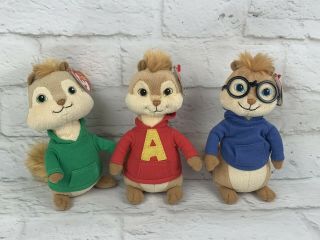 Alvin And The Chipmunks Ty Beanie Babies Complete Set Of (3) Beanbag Plush