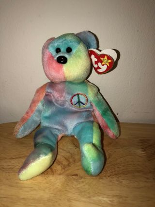 1996 Ty Beanie Babies Peace Tie - Dye Bear - Rare 4th Gen Tag