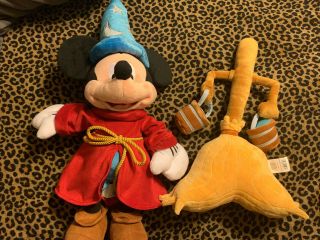 Disney Fantasia Plush Stuffed Mickey Mouse And Sorcerer Broom W/ Tags