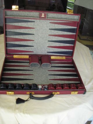 Leather Backgammon Set - Top Quality W/ Gold Plated Hardware - Red & Black Trim