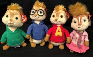 Alvin And The Chipmunks Set Of 4 Plush Ty Beanie Babies Simon Theodore Brittany