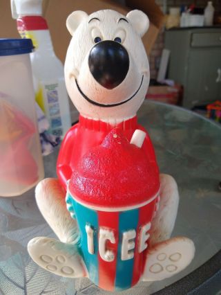 Vintage Colorful Rubber Icee Bear Advertising Bank Uncut