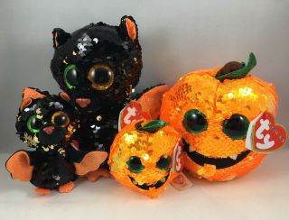 Set Of 4 Ty Halloween (3 " & 6 ") Omen Bat & Seeds Pumpkin Beanie Boos Sequin Mwmt
