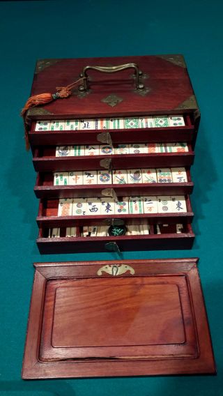 Vintage (antique?) Chinese Mahjong Set - 5 Drawer Wood Storage Chest - Complete