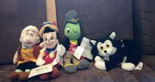 Set Of 4 Disney Store Toys Pinocchio,  Geppetto,  Jiminy Cricket,  Figaro Bean Bags