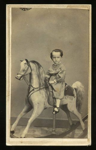 C.  1870 Cdv Photo,  Intense - Looking Child On Great Wooden Folk Art Rocking - Horse