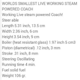 worlds smallest production steerable live steam coach engine boiler Car toy 7