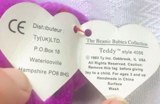 TY Beanie Baby Old Face Teddy Magenta 2nd Gen Swing ❤️/1st Gen Tush tags 8