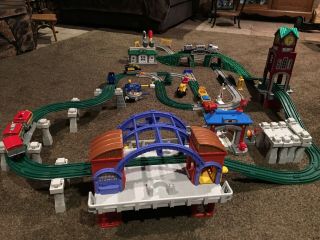 Huge Fisher Price Geo Trax Train Set - Tracks,  Buildings,  Engines,  Cars,  Controllers,