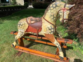 Antique Folk Art Rocking Horse Glass Eyes Vintage