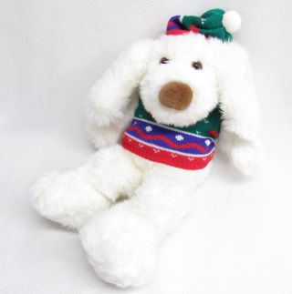 Vtg Floppy White Puppy Dog Christmas Sweater Hat Stuffed Plush Gina