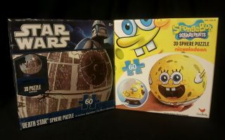 Set Of 2 Sphere 3d Plastic Puzzles Star Wars Death Star W/stand And Spongebob