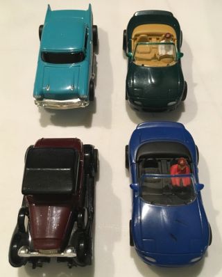 4 Rare Tyco Slot Cars Hp7 - ‘57 Chevy,  Ford Roadster,  And 2 Mazda Miata’s -