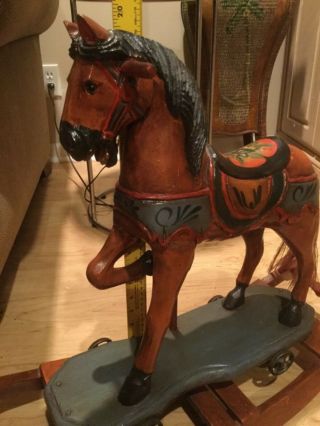 Antique Wooden Hand Painted Rocking Horse Metal Wheels Big 20” Glass Eyes