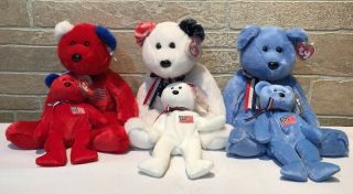 Set Of 6 Ty Beanie Baby & Buddy America Bears (red,  White & Blue) Red Cross Bear