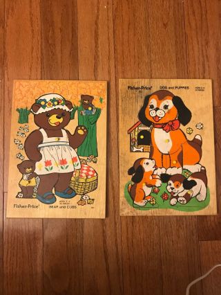 2 Vintage Fisher Price Wooden Peg Puzzles Bears And Cubs Dog And Puppies 1972/76