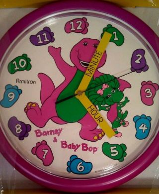 Vtg Barney The Purple Dinosaur Wall Clock Teach Me Time Baby Bop 10 " Round 1993