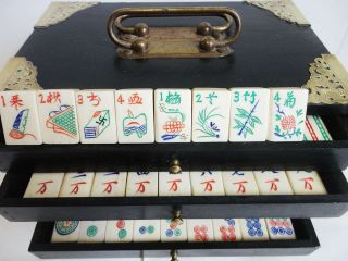 Vintage Bone & Bamboo Mah Jong Set In Case With Special Flowers 1920 