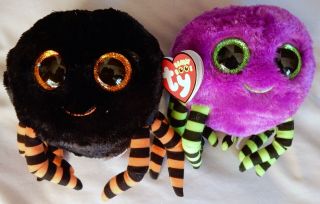 Crawly The Black & Purple Spiders - Set Of 2 - Ty Beanie Boo - W/ Tags