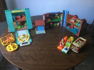 Vintage Fisher Price A Frame And Tudor House With People,  Vehicles And Furniture