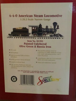 Bachmann 81392 G Scale Olive Green & Russian Iron 4 - 4 - 0 Steam Locomotive Nib