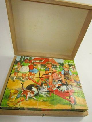 Vintage German Hermann Eichhorn Wooden Puzzle Cubes In Wood Box 6 Pictures