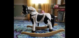 Wooden Rocking Horse Plush Stuffed Animal Brown And White For Kids 2 - 5 Yrs