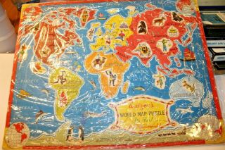 Vintage World Map Inlay Frame Tray Puzzle By A.  M.  Walzer Co No 350 Usa 50 " S