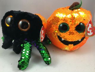 Set Of 2 Ty Halloween 6 " Glint Spider & Seeds Pumpkin Beanie Boos Sequins Mwmts