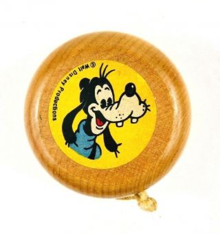 Vintage 1970s Walt Disney Goofy Natural Wood Yo - Yo Toy
