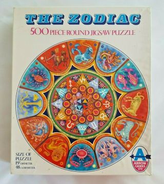 Complete Vintage Arrow Games The Zodiac 500 Piece 19” Round Jigsaw Puzzle