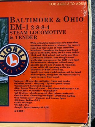 Lionel 6 - 28051 Baltimore & Ohio 2 - 8 - 8 - 4 Articulated EM - 1 TMCC steam loco 12