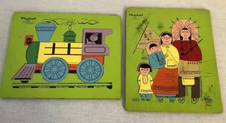 2 Vintage Playskool Wood Puzzles Locomotive 275 - 34 & Indian 360 - 11