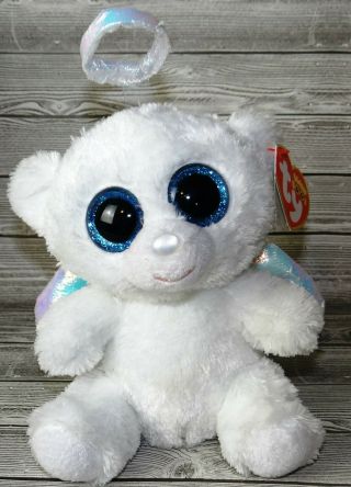Ty Beanie Boos 6 " Stuffed Plush Halo White Angel Bear W Blue Glitter Eyes Nwt