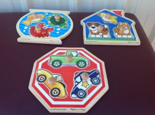 3 Melissa & Doug Jumbo Knob Puzzles,  Fish Bowl,  Stop Sign Vehicles,  House Pets