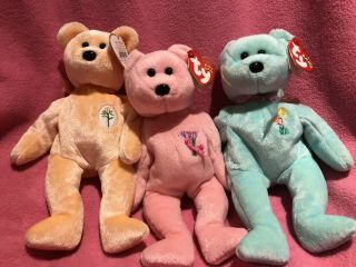 Charity 3pc - Ty Beanie Baby Flower Bears - Dearest,  Mum,  Ariel W/tags