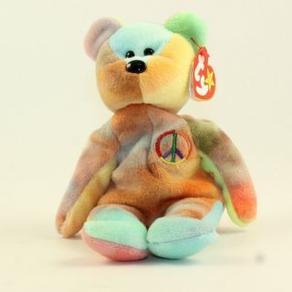 Ty Beanie Baby - Peace The Ty - Dyed Bear (orange/blue) (8.  5 Inch) Mwmt