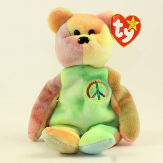 Ty Beanie Baby - Peace The Ty - Dyed Bear (green/orange) (8.  5 Inch) Mwmt