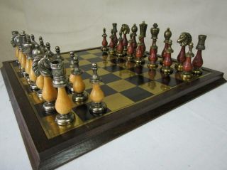 Vintage Italian Chess Set Wood And Metal Q 103 Mm And Chess Board