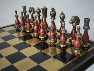 VINTAGE ITALIAN CHESS SET WOOD AND METAL Q 103 mm AND CHESS BOARD 2