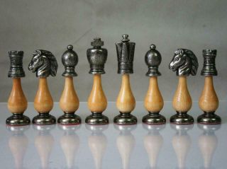 VINTAGE ITALIAN CHESS SET WOOD AND METAL Q 103 mm AND CHESS BOARD 6