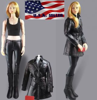 1/6 Women Leather Trench Coat Set Black For 12 " Phicen Hot Toys Female Figure